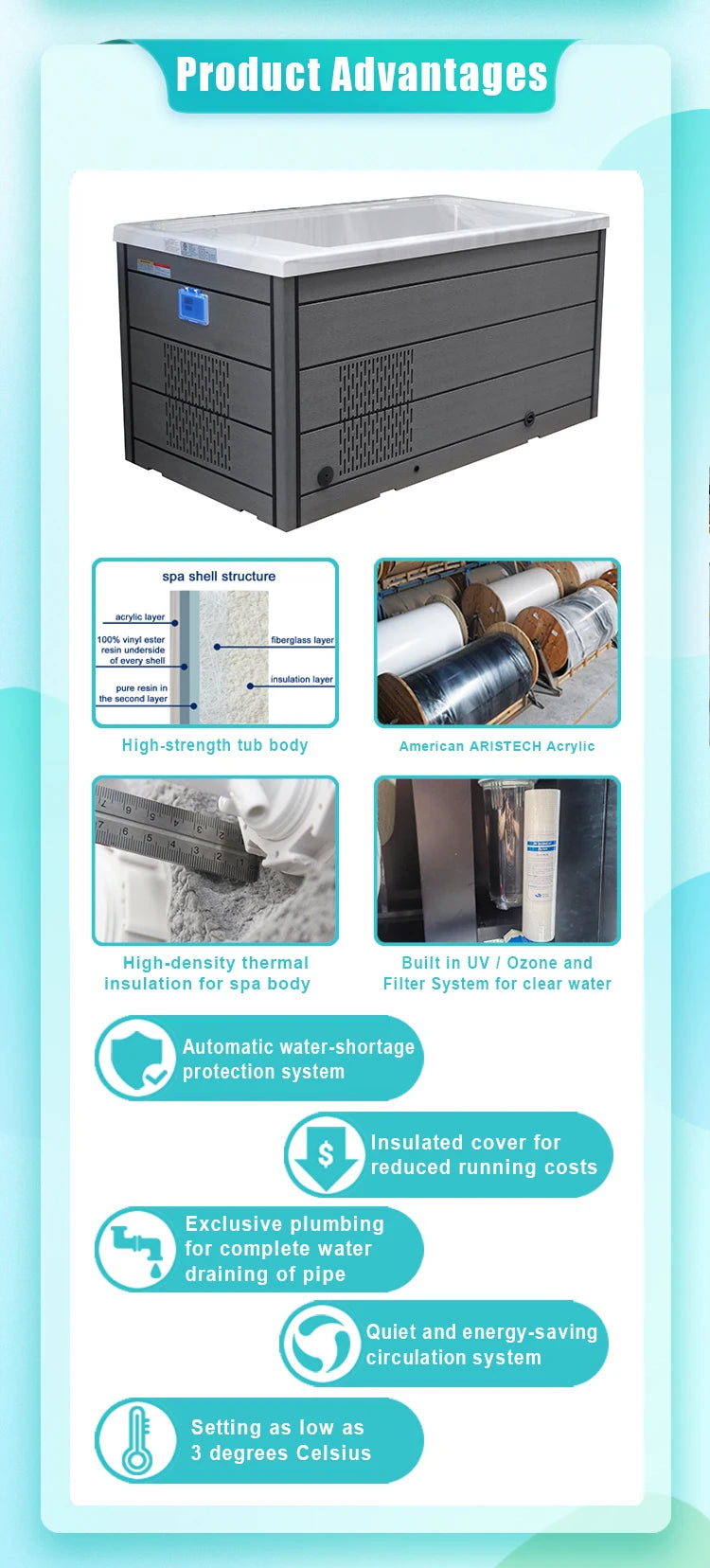 Acrylic chiller ice bath 1-2 people recycling square self-test system intelligent WIFI cold plug with ozone and filter